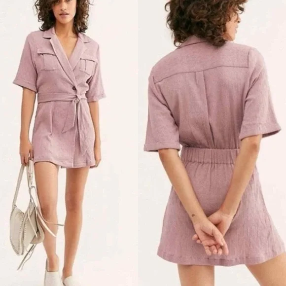 Free People Clementine Mauve Short Sleeve Belted Dress Size L Cotton‎ Linen - Picture 8 of 8